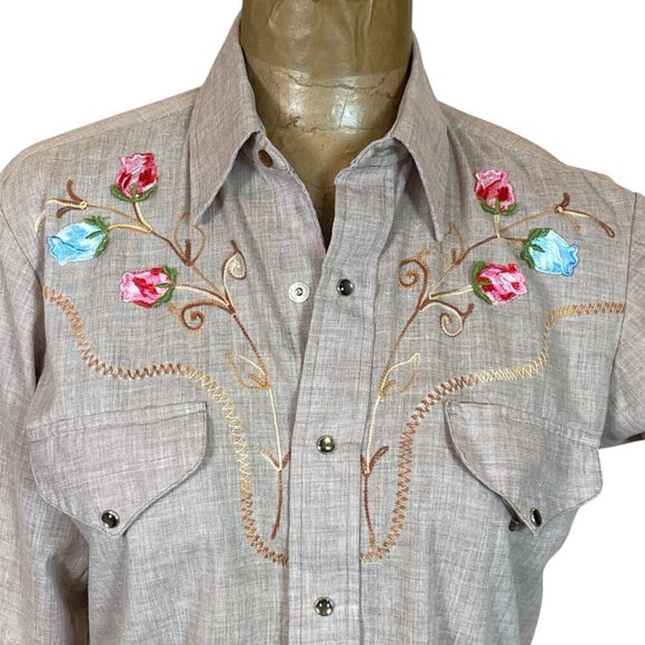 VTG Sears Western Shirt Pearl Snap Flower Chainstitch 70s Cowboy Rodeo S #204B - Picture 2 of 7